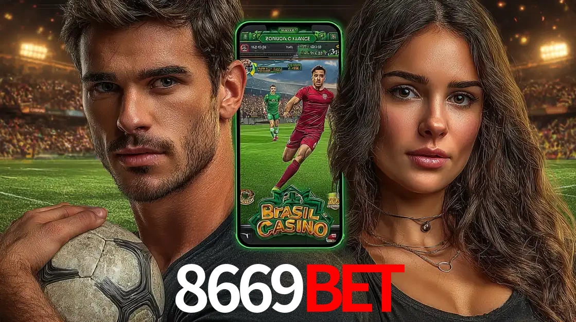 Homem segurando uma bola de futebol e uma mulher ao lado de um smartphone exibindo o jogo de apostas esportivas da 8669BET. Faça seu palpite no cassino online.